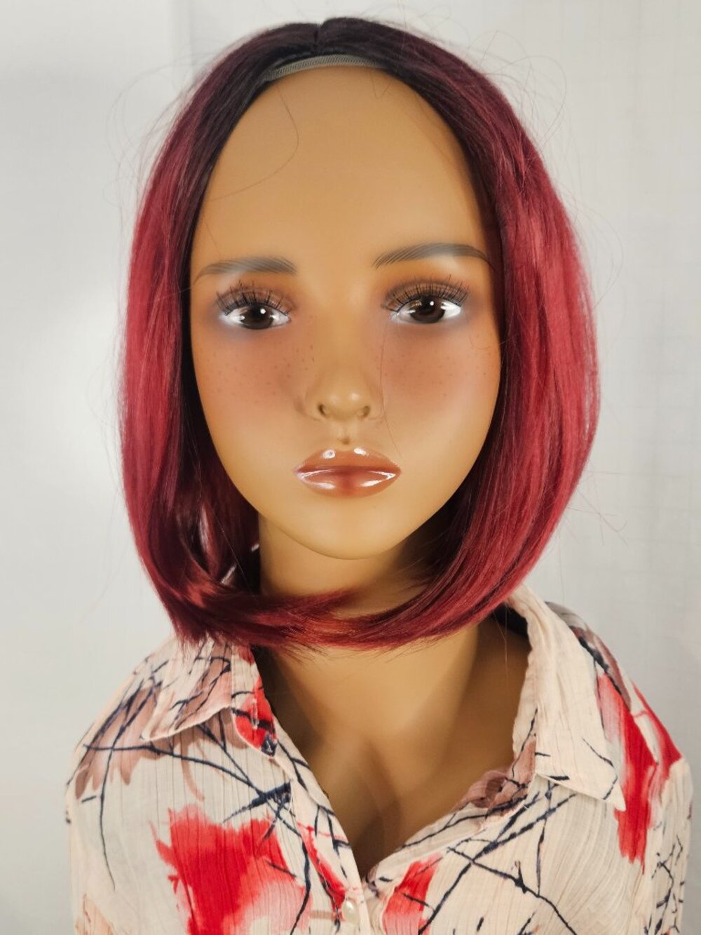 Vibrant Crimson Lace Front Heat Resistant Bob Wig w Dark Gradient Roots